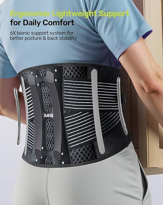 Rakiie Slim Back Brace for Lower Back Pain Relief, Lightweight & Breathable Back Support Brace for Men Women, Ergonomic Light Lumbar Support for Everyday Wear, Light Gray XXL