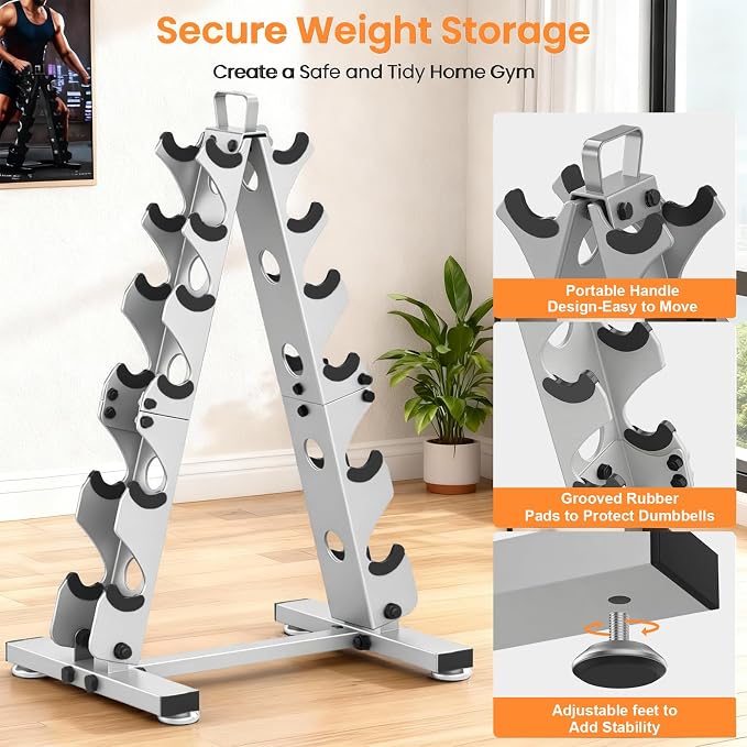 TomCare 6-Tier|5-Tier|4-Tier|2-Tier Dumbbell Rack Stand Only for Home Gym | Stable A-Frame, Fits 5–35 lb Dumbbells, Protective Padded Cradles, Adjustable Feet, Easy-Carry Handle (Stand Only)