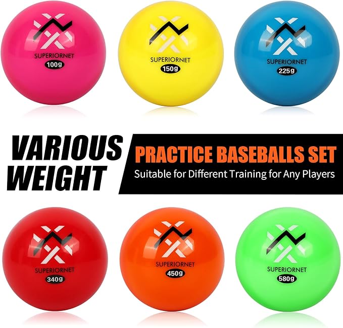 6 Pack Poly Practice Baseballs & Softballs, Various Weighted Balls for Throwing, Hitting and Pitching