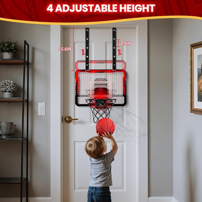 QDRAGON Mini Basketball Hoop with Scoreboard & 7 LED Lighting | Over The Door Indoor, with 3 Balls/Inflator/Breakaway Rim, Basketball Toy Gifts for Kids Adults, Suit for Bedroom/Office