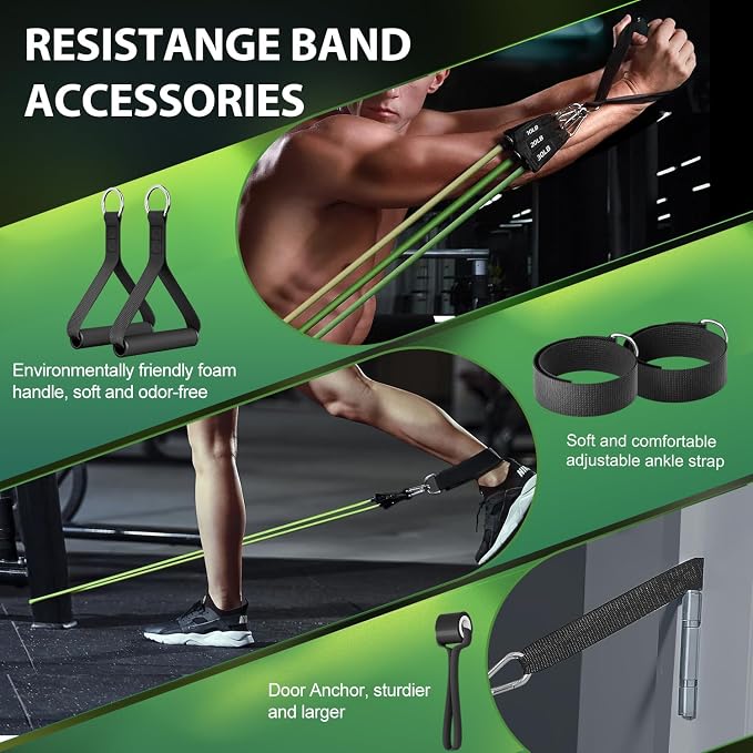 WHATAFIT Resistance Bands with Handles, 5-Level Exercise Bands for Workout | Natural latex,10-50 lbs, stackable to 150,Ankle Straps, Door Anchor,Guide. For Strength, Yoga,Home Gym,Travel & Workout.