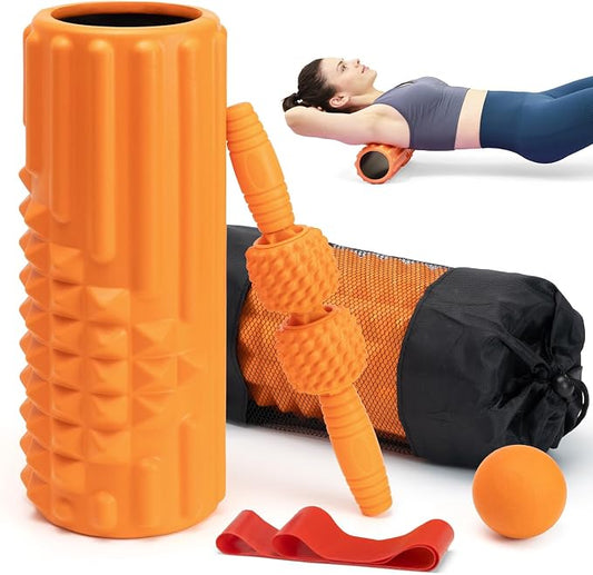5 in 1 Foam Roller Set, High Density Patented Exercise Roller | Deep Tissue Massage Roller Stick, Massage Ball, Resistance Band for Pilates, Yoga, Whole Body Fitness Exercise, Orange
