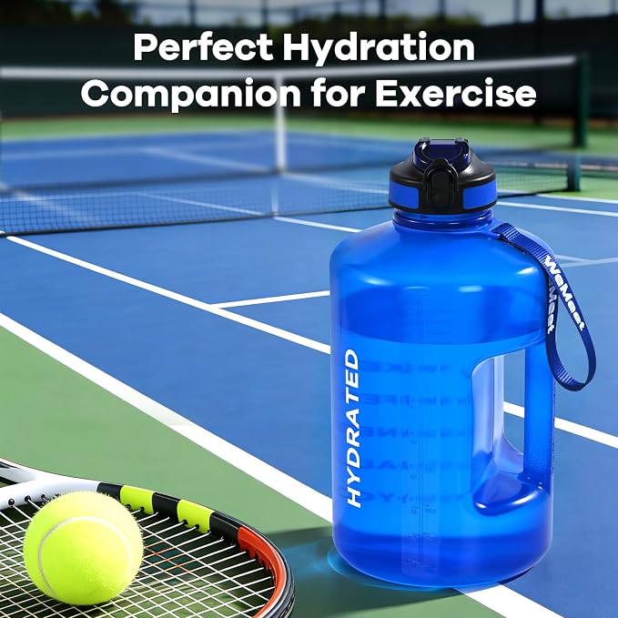 WEMEET 1 Gallon Water Bottle with Handle, 128oz LeakProof Reusable Gym Water Bottle with Capacity Scale, BPA Free, Ideal for Gym and Outdoor Life (Blue)