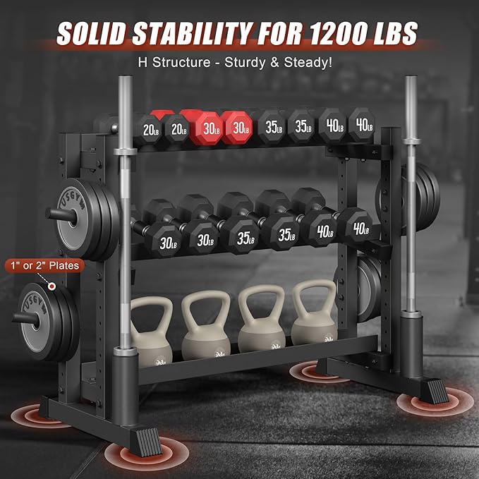 Jusgym Dumbbell Rack Stand Only, 3 Tier Adjustable Height & Angle 1200LBS | 48" Wide H-Shaped Stable Frame & Space-Saving Design, Heavy Duty Weight Rack for Home Gym, Fits Dumbbells Kettlebells, Plates