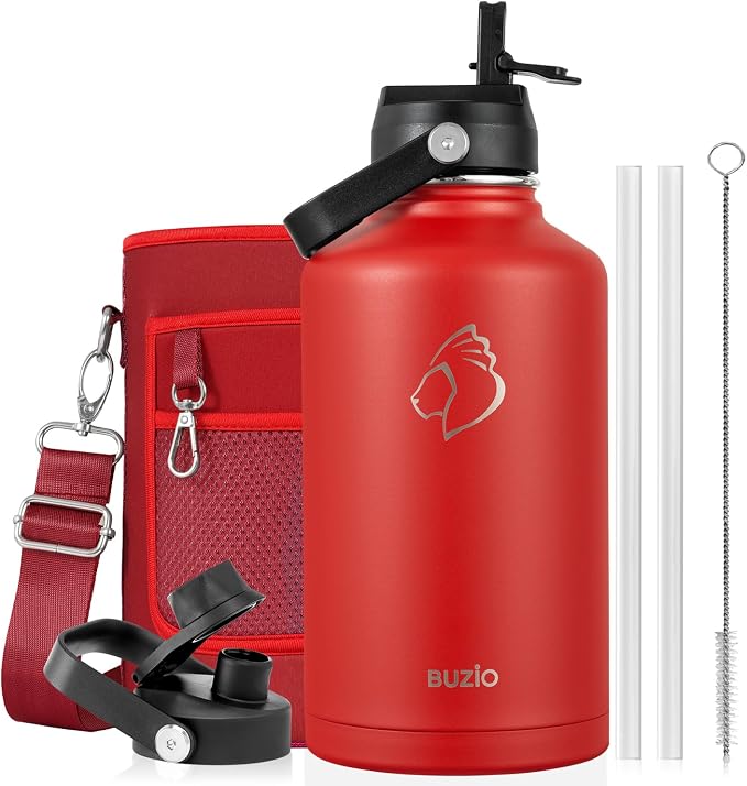 BUZIO 64oz Insulated Water Bottle with Straw Lid and Spout Cap, Stainless Steel Powder-Coat Water Flask, Keep Beverage Cold for 48 Hrs Hot for 24 Hrs Simple Thermo Canteen Mug, Red