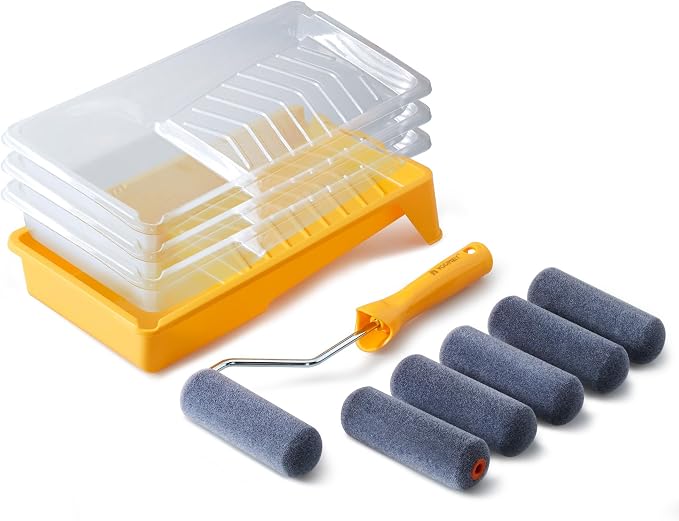Voomey Foam Paint Roller, 4 Inch Mini Flock Foam Cover Kit | Small Paint Rollers with Tray and Roller Frame for Doors, Trims & Cupboards
