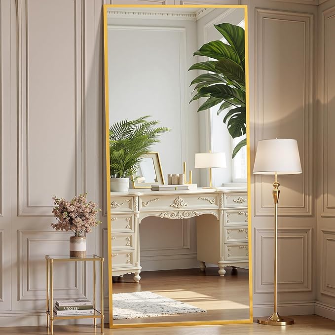 OLIXIS Full Length Mirror for Bedroom, Full Body Mirror with Stand | 68"x26" Hanging or Leaning for Wall, Aluminum Alloy Thin Frame Floor Standing for Living Room, Long, Gold
