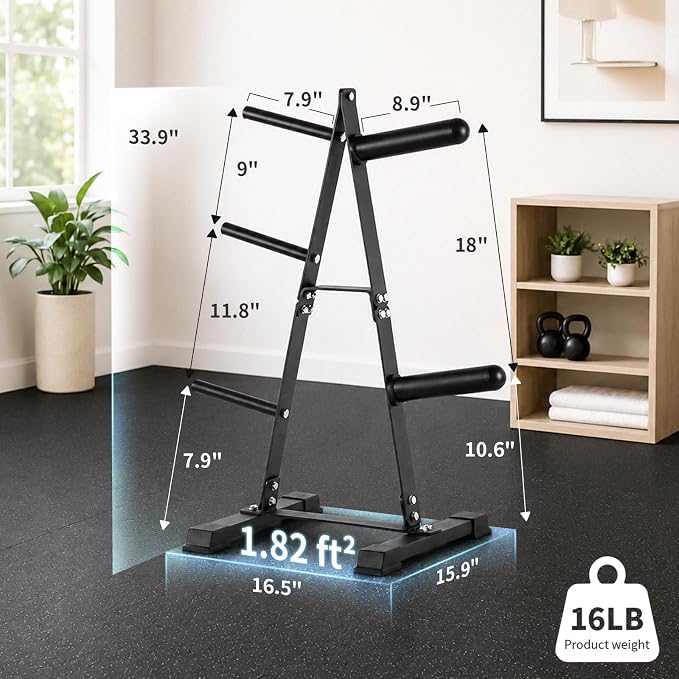LIONSCOOL 1" & 2" Weight Plate Rack, Heavy Duty Weight Plate Tree, Olympic Weight Plate Holder with Removable Posts, Vertical Compact Weight Plate Storage Rack for Home Gym Garage Basement Fitness