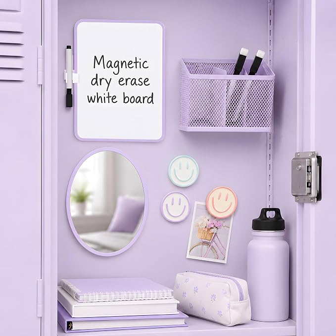 8 PCS Purple Locker Accessories for Girls Cute Locker Decorations Kit with Magnetic Mirror Whiteboard Pen Holder Magnets Locker Organizer Set for School Back to School Essentials