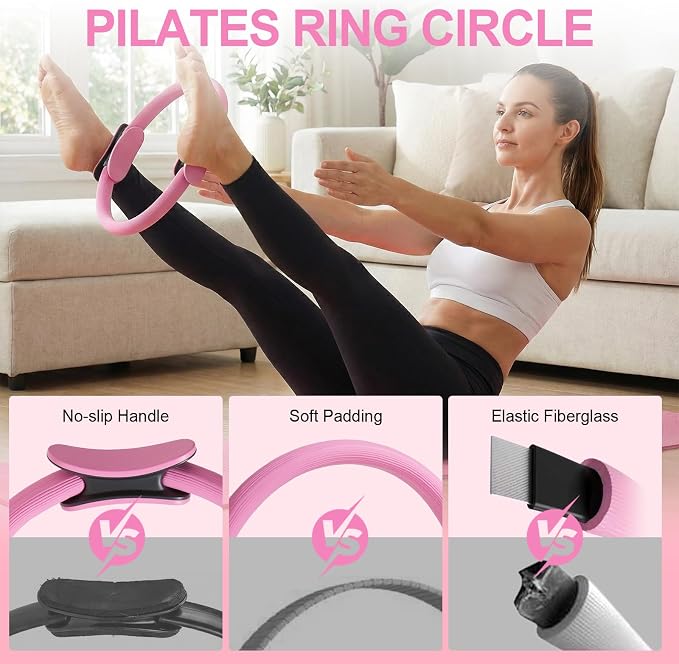 Home Pilates Ring and Ball Set for Women with 5 Resistance Bands 13 inch Magic Circle Workout Starter Kit for Beginners Full Body Toning 15 Min Daily Routine