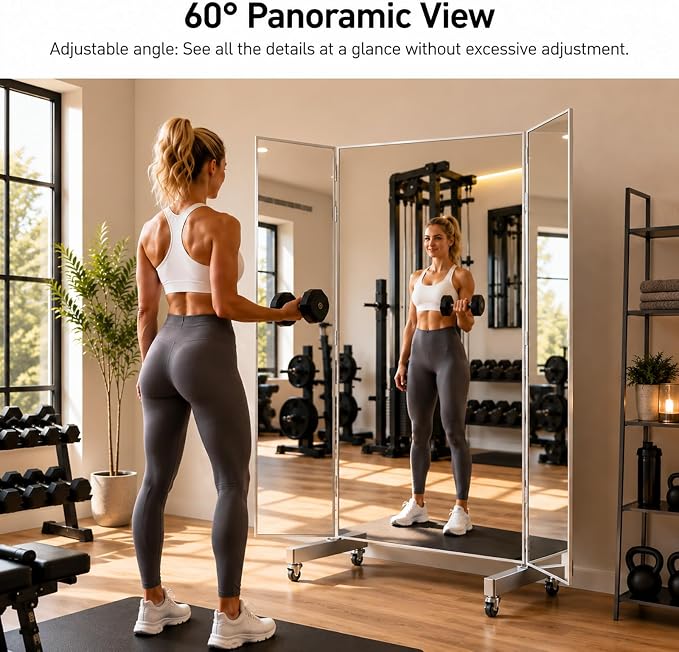 Full Length Stand Up Mirror on Wheels 71''L×71''W Large Tri-Fold Floor Mirror with Stand,Movable 3-Way Full Length Standing Mirror for Gym,Dance Studio,Fitness Room,Home (70.9" x 70.9")