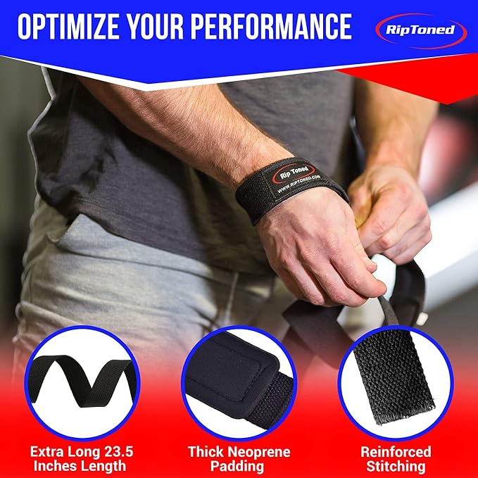 Rip Toned Lasso Lifting Straps for Weightlifting, 23¼" Padded | 1 Pair, cotton, non-latex neoprene. No break-in. Quick release. Deadlifts, rows, shrugs, pull-ups. Machine washable.