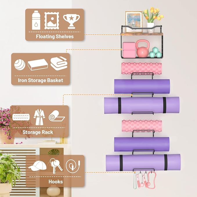 LIDTOP 6-Tiers Yoga Mat Holder Wall Mount with Wood Floating Shelves, Yoga Mat Storage Rack Home Gym Accessories with Hooks for Hanging Stretching Strap & Resistance Bands, Yoga Room/Home Gym Decor