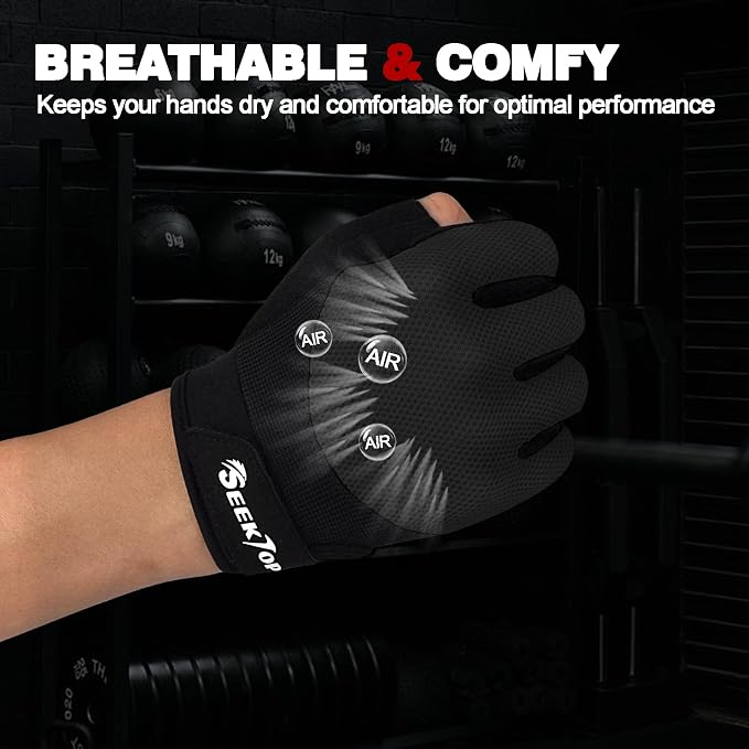 Seektop Breathable Workout Gloves Women & Men: Thick Padded Gym Gloves | Full Palm Protection, Excellent Grip for Gym Weight Lifting Fitness and Training, Exercise, Cycling
