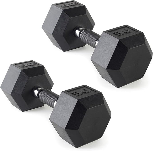 CAP Rubber Coated Dumbbell Weights, Free Weights for Home Gym Strength Training, Anti-Roll Hex Dumbbells with Black, Chrome & Comfort Grip Handles, Pairs & Sets