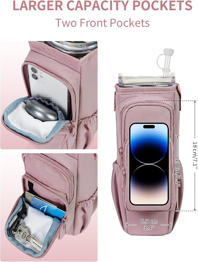 sportsnew 30/40oz Crossbody Water Bottle Holder Anti-Tip Tumbler Carrier | Lightweight Bottle Sling Fits Handled Tumbler w/ Phone Pocket, Adjustable Strap, Insulated Lining, Hands-free for Hiking Gym