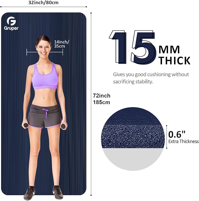 Gruper Yoga Mat Non Slip NBR Extra Thick Yoga Mat, 72"L x 32"/24"W x 0.6"/0.4"TH (185cm x 80cm/61cm x 15mm/10mm), Anti-Tear Exercise Mat with Carrying Strap and Bag, Workout Mats for Yoga, Pilates
