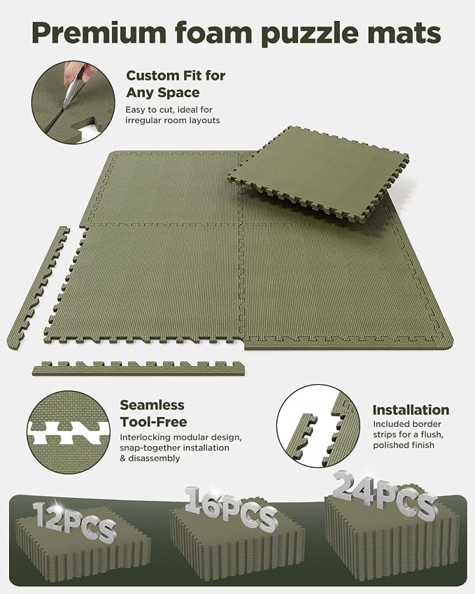 1/2" Thick 24 Pcs 96 Sq Ft EVA Foam Puzzle Exercise Mats, High-Density Interlocking Foam Floor Tiles for Home Gym, Gym Mat for Workout Equipment & Direct Exercise, Floor Padding for Kids