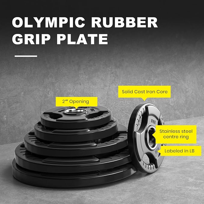 LIONSCOOL 2-Inch Rubber Olympic Grip Weight Plates for Strength Training, Weightlifting, Solid Cast Iron Plate for Barbell in Single/Pair/Set for Home & Gym (2.5-45LB), One Year Warranty