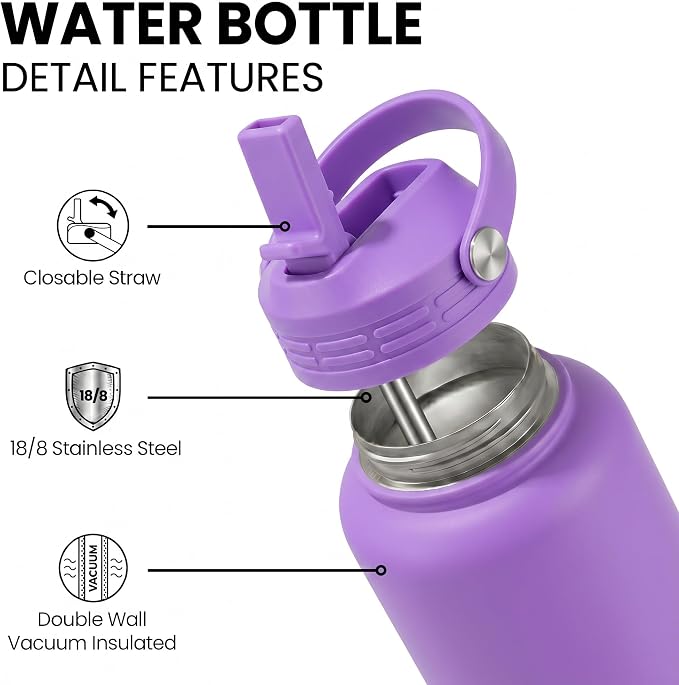 32 oz Insulated Metal Mens Water Bottle | Violet, Stainless Steel, 1 Liter, Leakproof, 2 Lids, Large Sports Water Bottle for Gym,Hiking