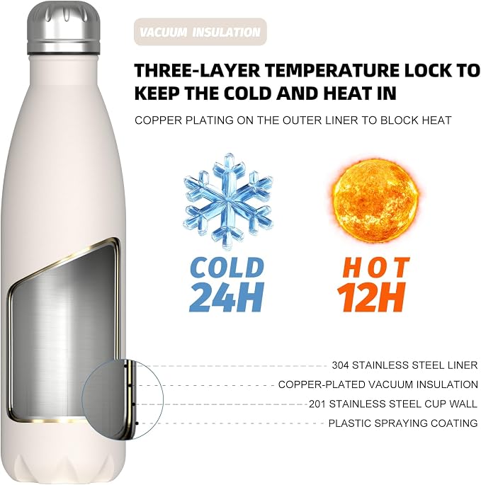 WATERSY Stainless Steel water bottles,17oz/500ml Insulated Water Bottle | Ivory Beige metal water bottle Keeps Drink Cold and Hot,BPA Free kids water bottles for School,Gym,Travel,Sports