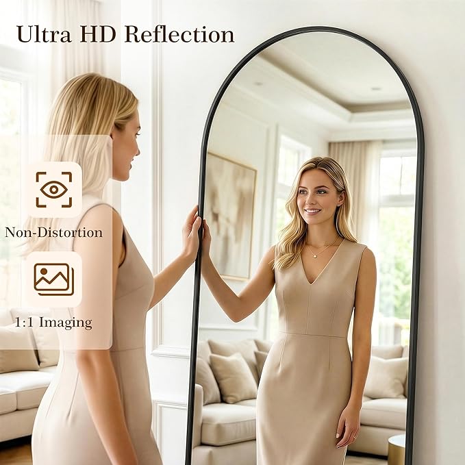 69"x28" Arched Full Length Mirror with Stand, Free Standing Leaning Wall Mounted Aluminum Alloy Frame Mirror for Bedroom Living Room Cloakroom, Black
