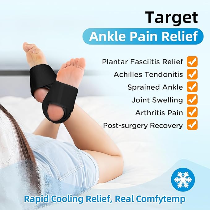Comfytemp Ankle Ice Pack Wrap for Sprained Ankles, Plantar Fasciitis, 2pcs | FSA Eligible HSA, Foot Pain Relief, Reusable Gel Ice Hot Cold Compress Brace for Achilles Tendonitis, Injury, Swelling, Black