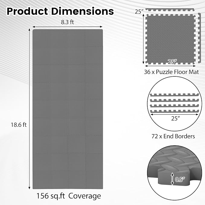 Tangkula 36 Tiles Exercise Flooring Mats with Border, Non-Slip EVA Foam Protective Mats, Elastic Puzzle Play Mats, 1/2" Interlocking Floor Mats for Home Gym, Fitness Room, Workshop Equipment (Gray)