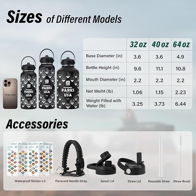 DYSANKY National Parks Water Bottle – 64 oz Insulated Stainless Steel Bottle with 63 Hand-Drawn Park Stickers, Carrier Bag, Strap & Gift Box – BPA-Free – Ideal for Hiking, Camping & Travel