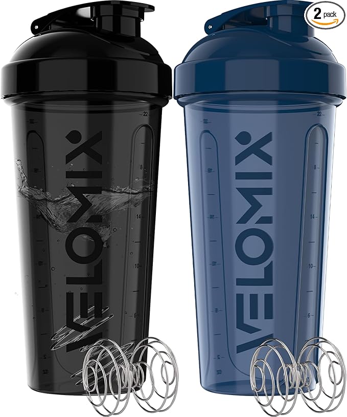 VELOMIX 2 Pack 28oz Protein Shaker Bottle for Protein Mixes, Blue/Black | 2x Wire Whisk, Leak Proof Shaker Cups for Protein Shakes, Stackable, Dishwasher safe, BPA free, Pre Workout and Fitness ready
