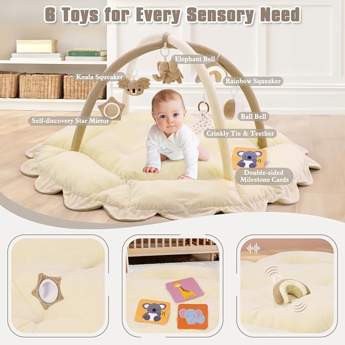 5-in-1 Plush Baby Play Gym, Activity Mat with Convertible Gym, Baby Gym 6 Sensory Toys, Play Center for Newborn to Toddler, Cream