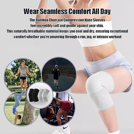 Bamboo Charcoal Compression Knee Sleeve - Elastic Knee Braces Pads Warmers Protective Knee Support for Arthritis and Runners (Gray+Black, Large)
