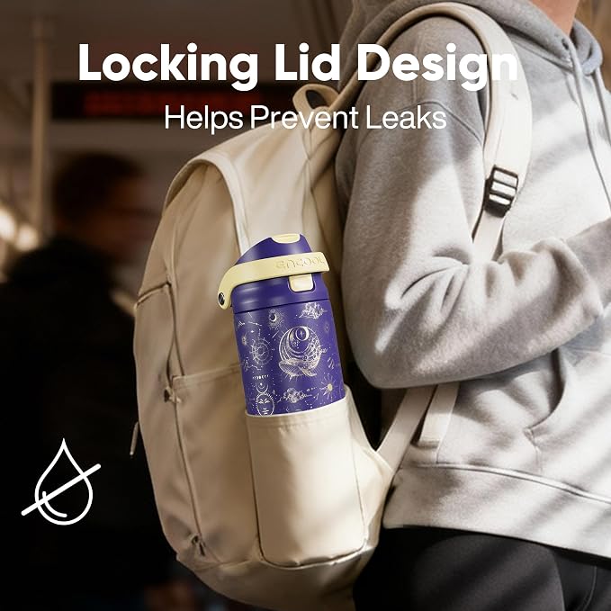 ENCOOL Leakproof Insulated Water Bottle with Straw Dual-Sip Water Bottle Bag-Safe Design for Work, Commute & Gym – Keeps Drinks Cold All Day, 24 oz, Astral Chart