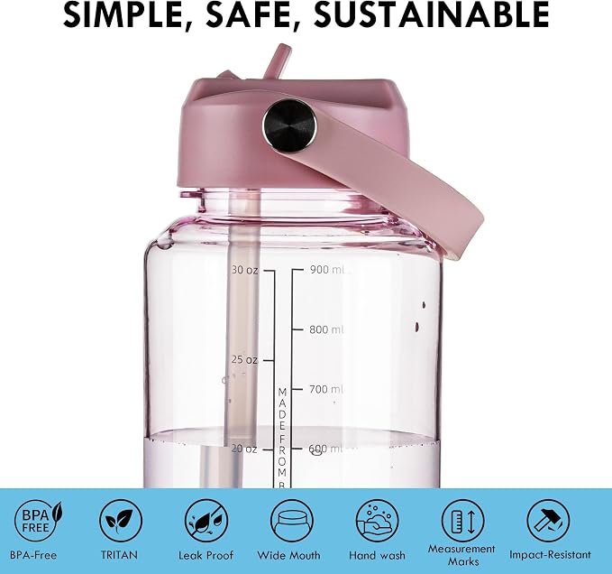 OLDLEY 32oz Water Bottle with Straw, Leakproof Tritan Clear Bottle with Marked Bottle and Carry Handle, BPA-Free Wide Mouth Reusable Sports Water Bottle for Gym,Hiking,Camping,Travel,Workout,Pink