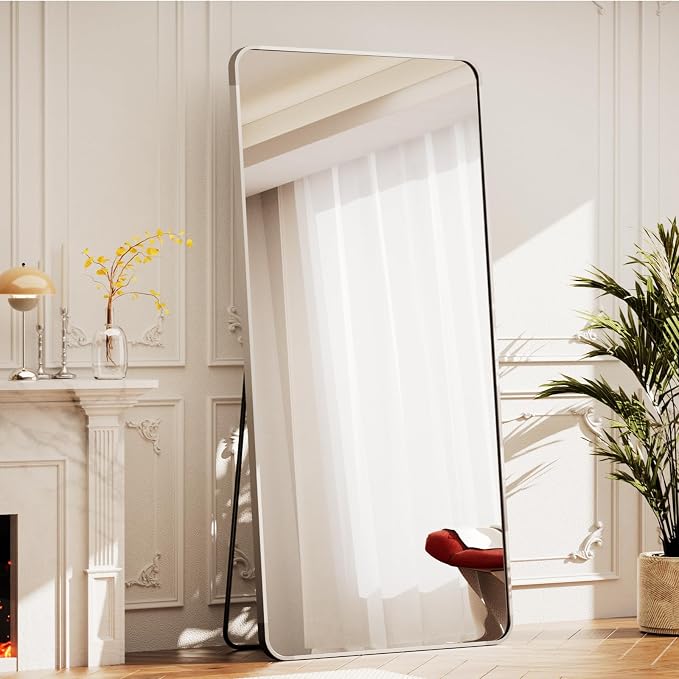 BEAUTYPEAK 71" x 26" Rounded Corner Full Length Mirror with Stand, Silver | Aluminum Alloy Frame with Standing, Leaning, or Wall-Mounted, Ideal for Bedroom, Dressing Room, Entryway, and Living Room