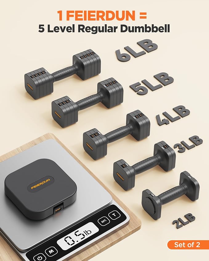 FEIERDUN DB3 5-in-1 Adjustable Dumbbell Set, 6LB/10LB Pair Adjustable Weights for Women at Home, Dual Locking Stable Hand Weights with TPU Soft Handle, Home Gym, Rehab, Pilates, Yoga, Strength Training