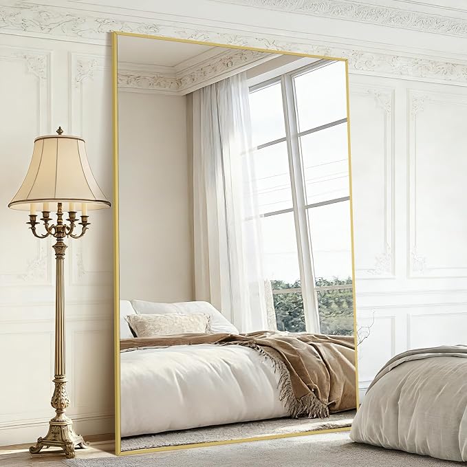 Mirrorons 72"x44" Oversized Full Length Mirror, Floor Standing or Wall Mounted with Hanging Kit, Shatterproof Tempered Glass Mirror for Living Room, Bedroom, Dressing Room, Gym (Gold)