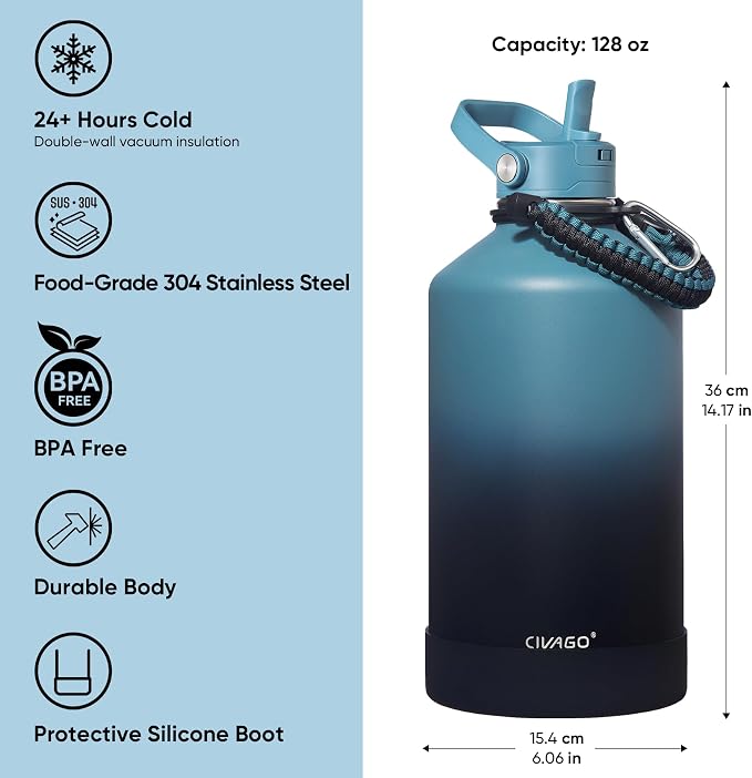 CIVAGO Gallon Insulated Stainless Steel Water Bottle with Removable Straw | 128 oz Large Leakproof Water Jug, Big Metal Sports Flask Cup with Bucket Handle, Silicone Boot, Strap, Dishwasher Safe, Black