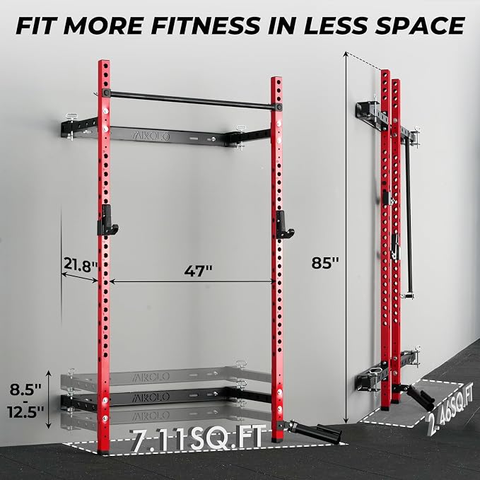 Mikolo 2" x 2" Folding Wall Mounted Squat Rack, 1000 Pounds Capacity Power Rack with Pull Up Bar, J Hooks and Other Attachments, Space-Saving Home Gym