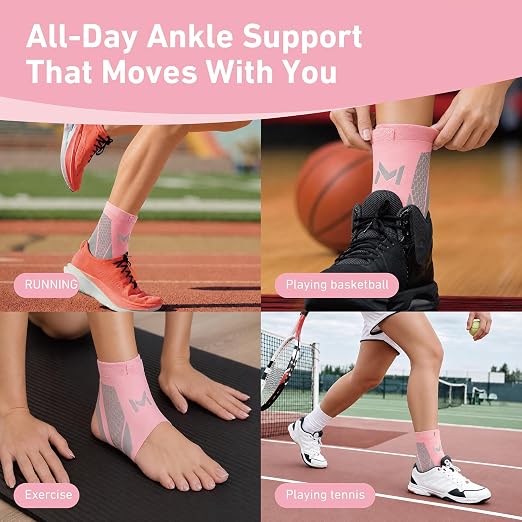 Ankle Brace for Men & Women, 2 Pc, Pink | Breathable Compression, Plantar Fasciitis Relief, Adjustable, Sprain Recovery & Sports Protection