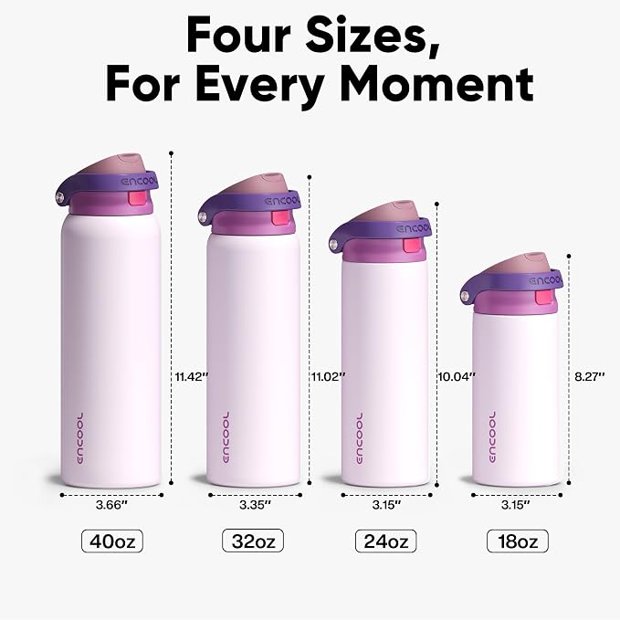 ENCOOL Leakproof Insulated Water Bottle with Straw Dual-Sip Water Bottle Bag-Safe Design for Work, Commute & Gym – Keeps Drinks Cold All Day, 40 oz, Purple Cabbage