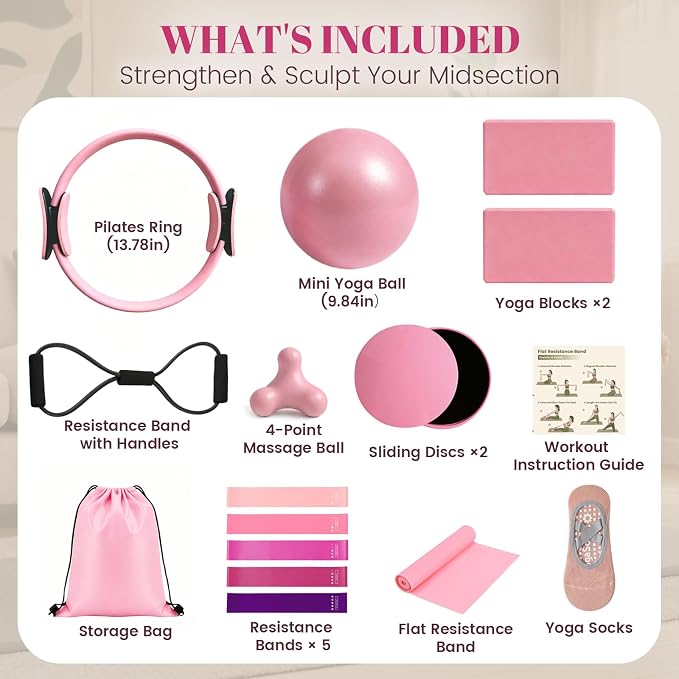 Pilates Kit for Women, At Home Equipment Set with Pilates Ring, 2 Yoga Blocks, Mini Exercise Ball, Resistance Bands, Sliding Discs, Stretch Strap for Full Body Workout