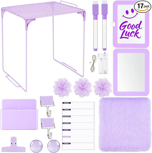 17 PCS Locker Accessories for Girls Locker Decoration Kit with Shelf Magnetic Mirror Whiteboard Pen Holder Rug Wallpaper Lights Lockers Organizer Set for School Dorm Gym Office (Purple)