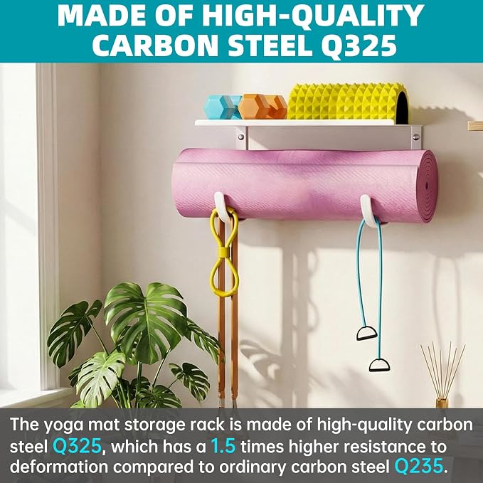 Yoga Mat Holder Wall Mount, No-Tie Mat Storage, Exercise Mat Storage Rack with Top Floating Shelf, Holding Yoga Blocks/Rollers and Pilates Mat, Workout Mat, Home Gym Equipment Accessories