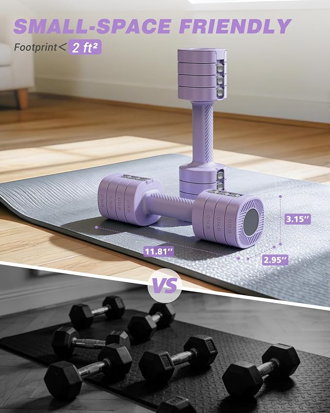 Rendpas Adjustable Dumbbell Set of 2, 10lb & 22lb Pairs (5lb/11lb Each) | Anti-Slip No-Roll Handle Weights, Bench Combo Option for Home Gym, Pilates & Strength Training