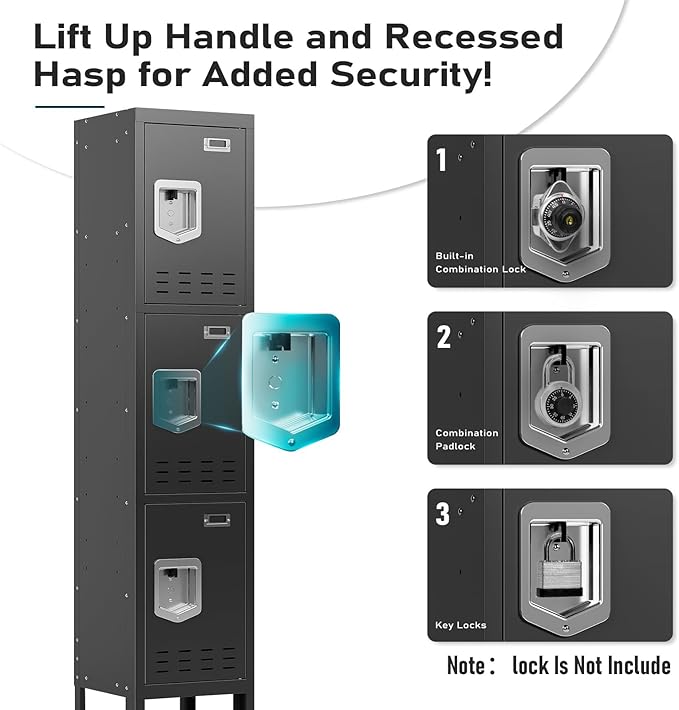 BUTISOW 3 Door Employee Metal Locker w/Card Slot for School Gym Office | Ventilated Metal Steel Locker with Mirror & Multi Hooks for Secure Storage