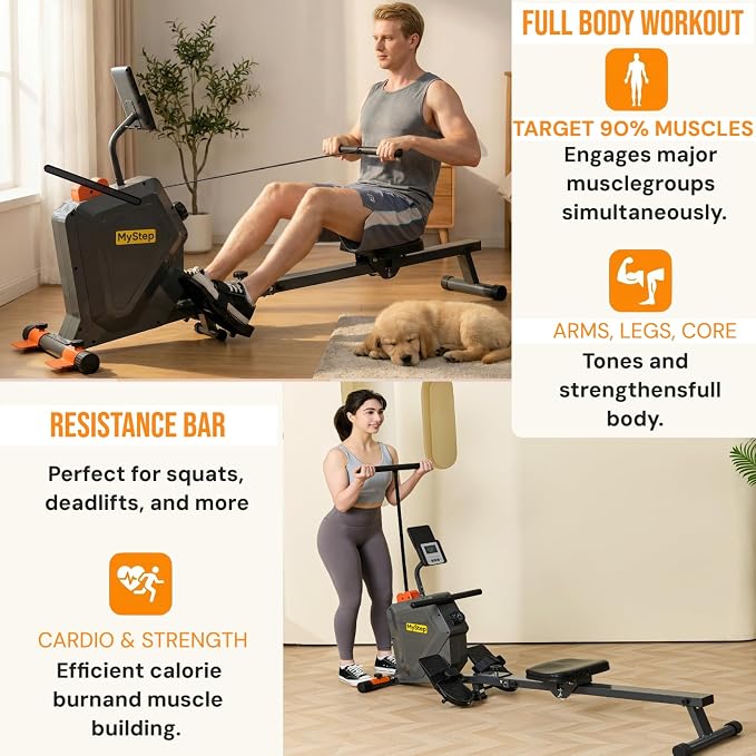 Magnetic Rowing Machine, Quiet Foldable Rower with 8-Level Resistance, LCD Monitor & Tablet Holder, Full-Body Low-Impact Cardio Equipment, Optional 2-in-1 Strength Training