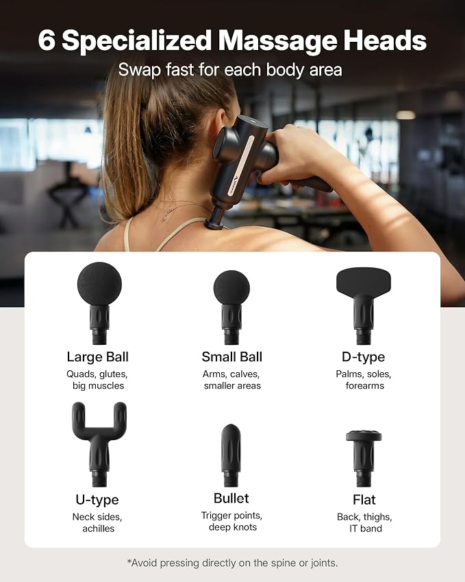 MERACH Massage Gun Deep Tissues Quiet Brushless Motor 6 Heads & 5 Speeds | 12MM Percussion Massager Tools for Pain Relief Muscle Recovery, 6 Handheld Massager, 3200 RPM/5 Speeds, Gift for Dad Him
