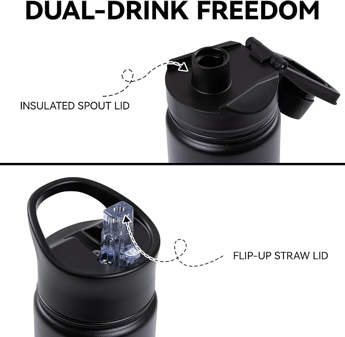 16 oz Insulated Water Bottle Bulk 8 Pack, Straw & Spout Lid, Keep Cold 24H, Spill Proof, BPA-Free, Double Wall, Stainless Steel Kids Water Bottles for School, Sports, Black