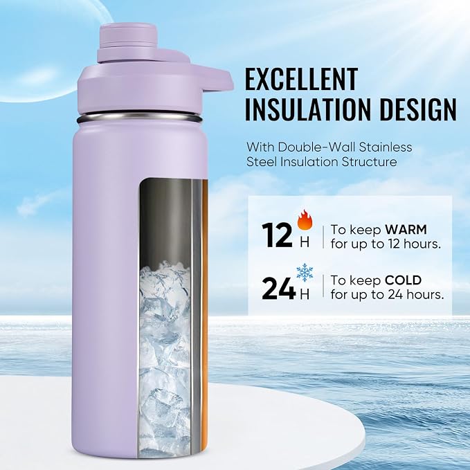 Fijinhom Insulated Water Bottle with Handle, 304 Stainless Steel Water Bottles with Wide Mouth, Double Wall Vacuum Sports Water Bottle, BPA Free, Keep Cold and Hot, 18 Ounces, Purple